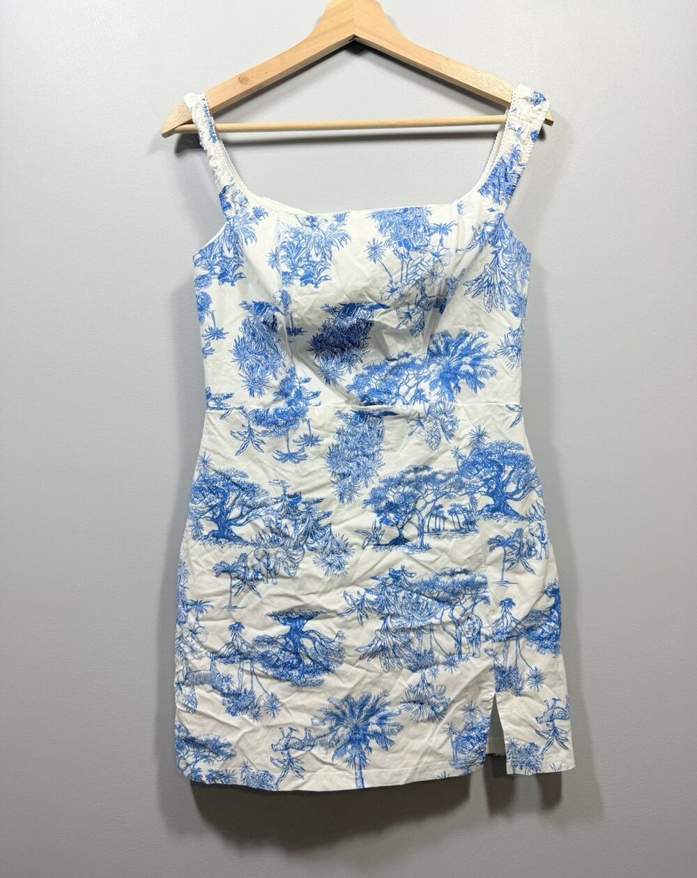 Iris White/Blue Safari Animal Print Square Neck Strappy Mini Dress Women’s L